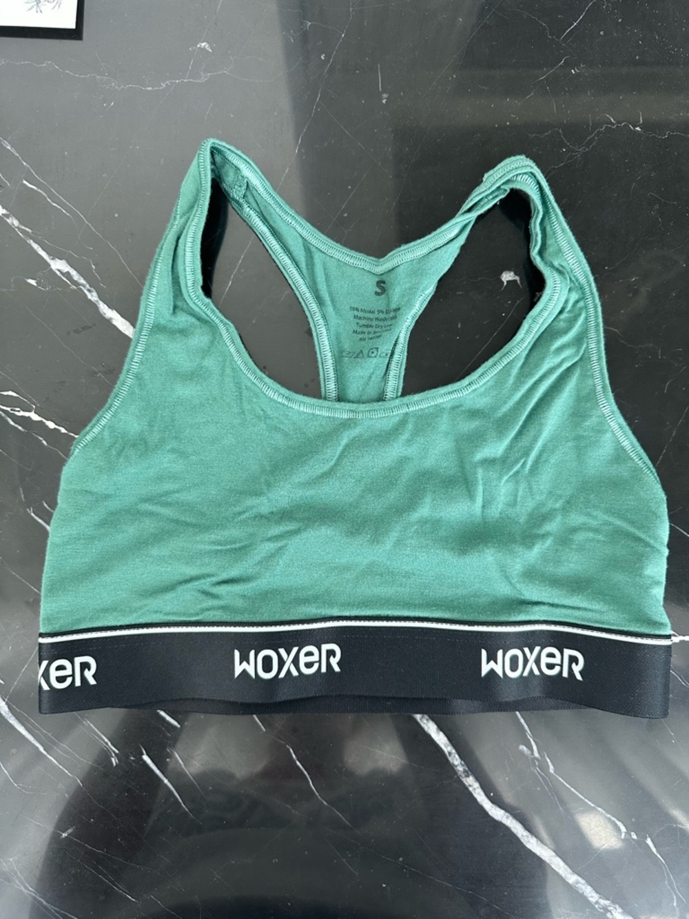 Woxer Boss Racerback Sports Bra with Black Logo Band in Jade